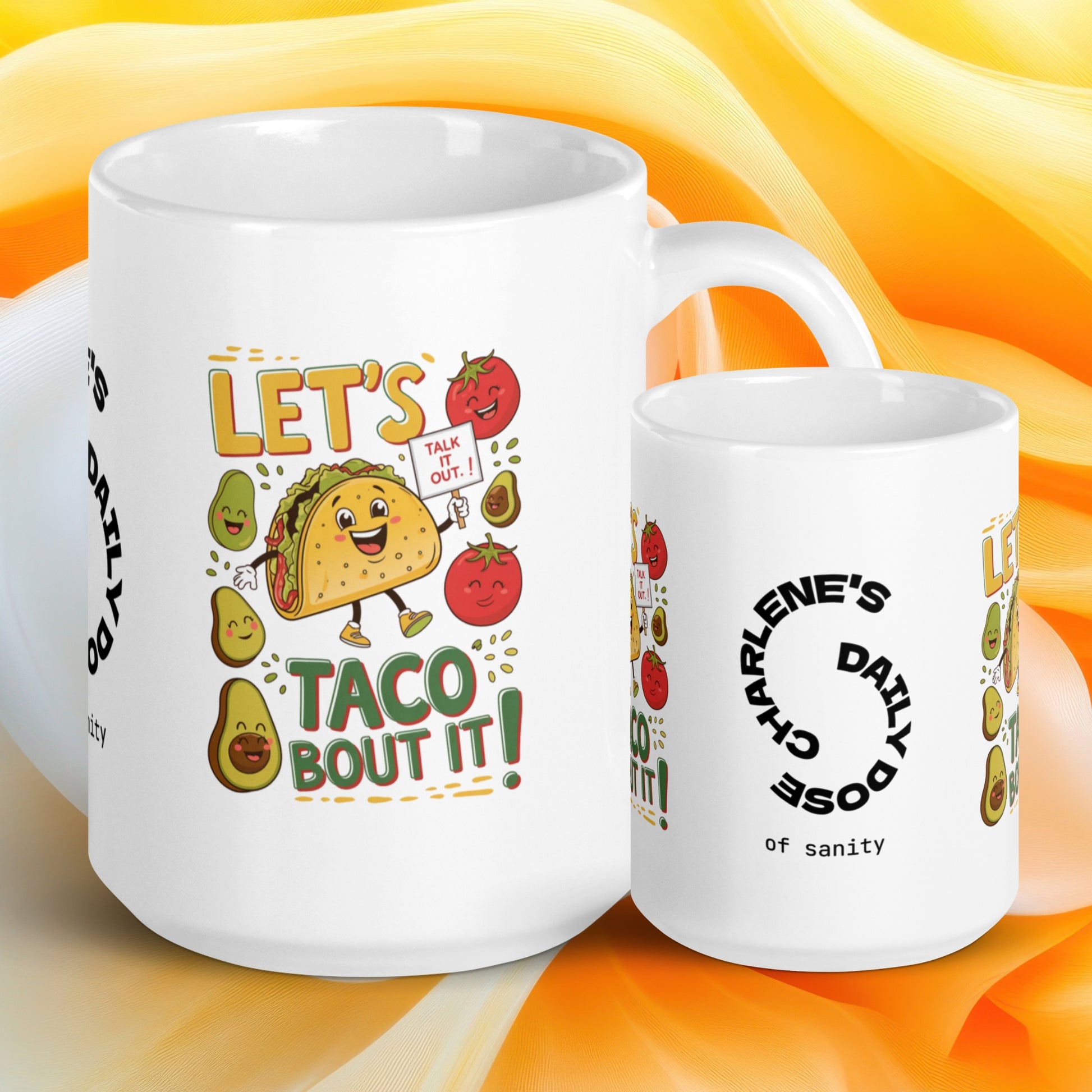 Let’s Taco ’Bout It funny mug personalized ceramic coffee cup, playful pun gift for taco and coffee lovers