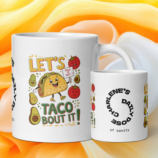 Let’s Taco ’Bout It funny mug personalized ceramic coffee cup, playful pun gift for taco and coffee lovers