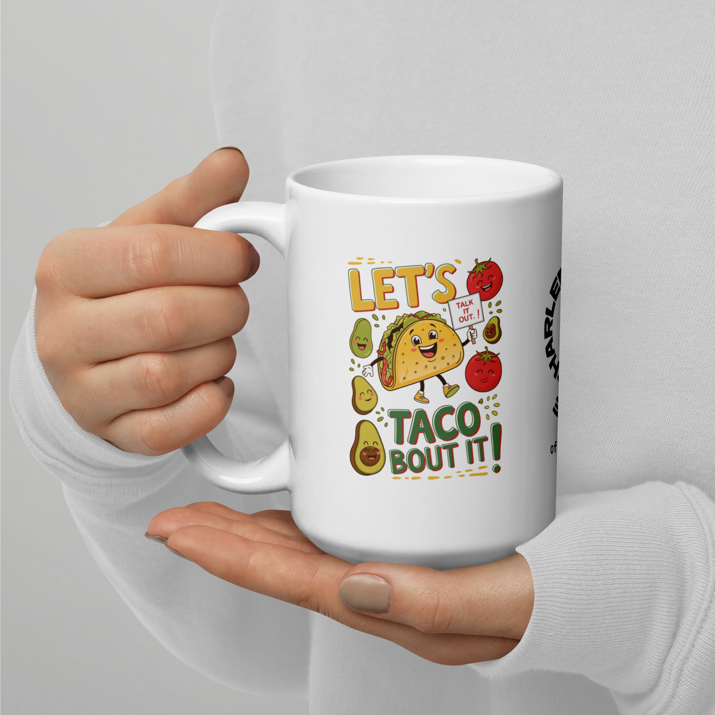 Let’s Taco ’Bout It funny mug personalized ceramic coffee cup, playful pun gift for taco and coffee lovers