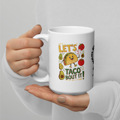 Let’s Taco ’Bout It funny mug personalized ceramic coffee cup, playful pun gift for taco and coffee lovers
