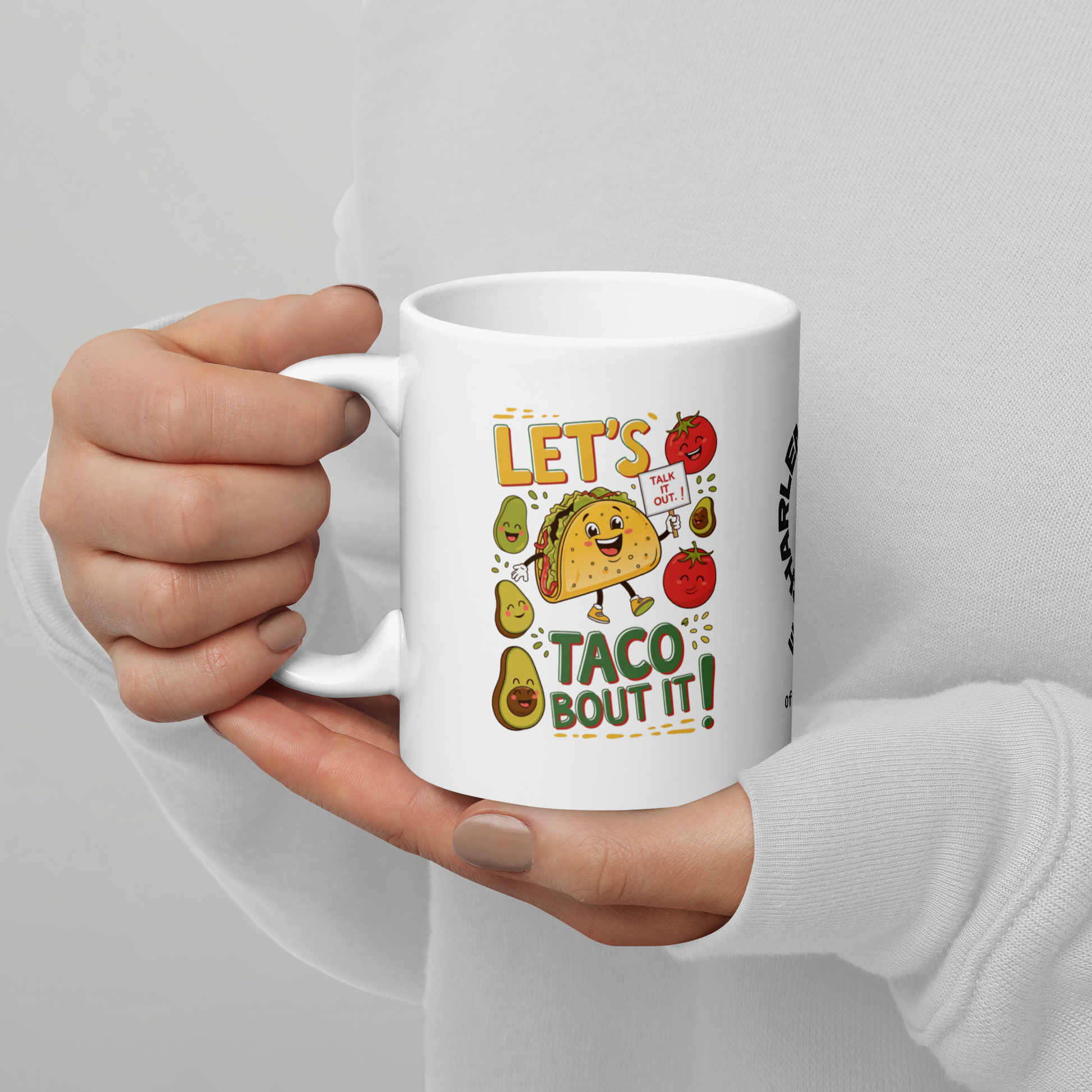 Let’s Taco ’Bout It funny mug personalized ceramic coffee cup, playful pun gift for taco and coffee lovers