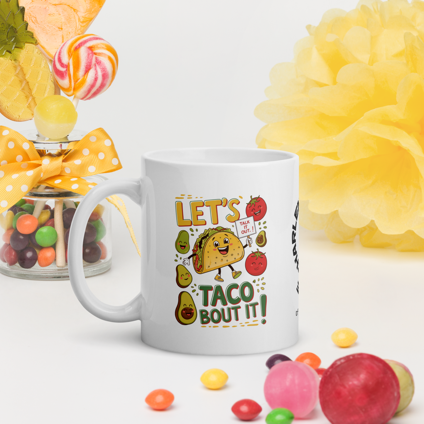 Let’s Taco ’Bout It funny mug personalized ceramic coffee cup, playful pun gift for taco and coffee lovers