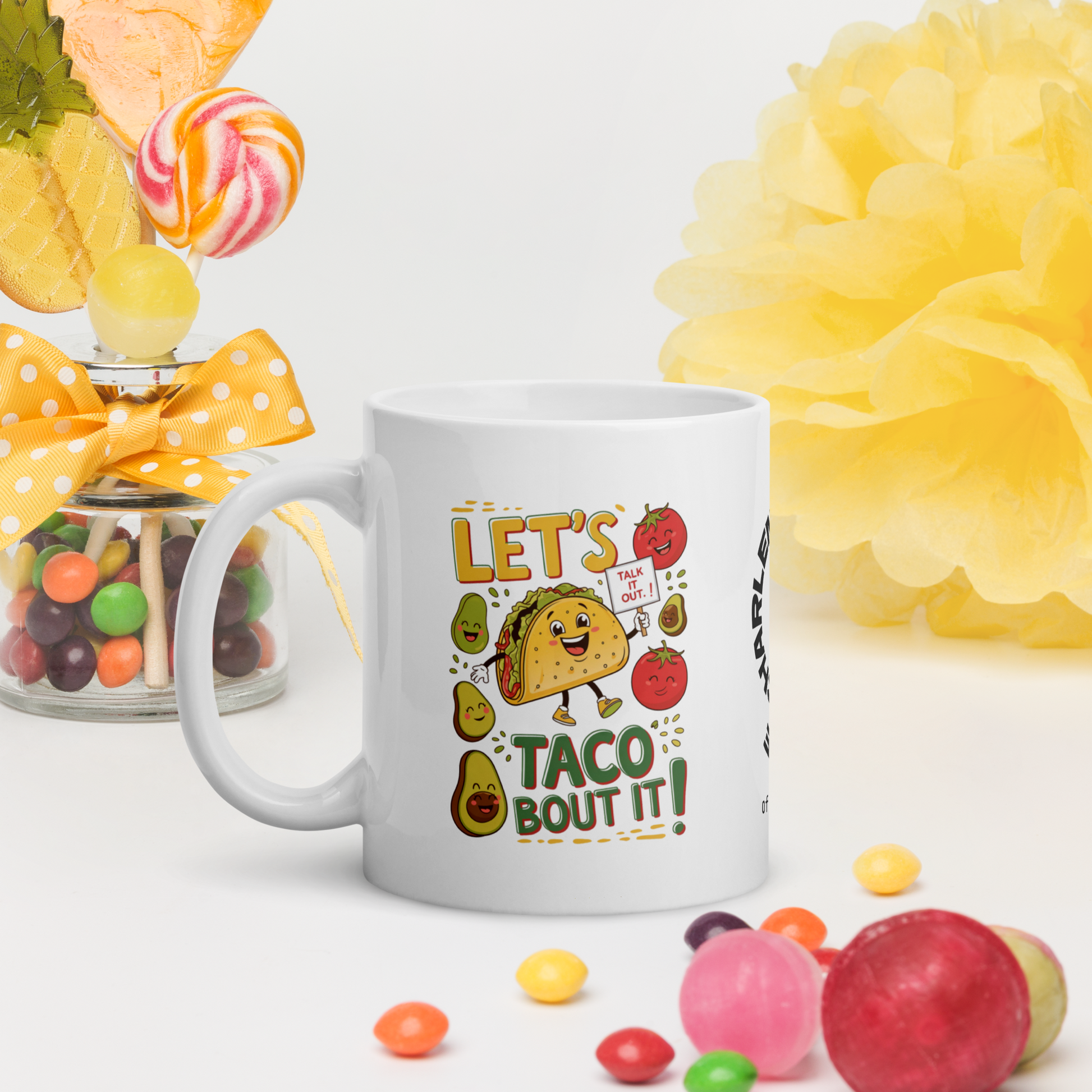 Let’s Taco ’Bout It funny mug personalized ceramic coffee cup, playful pun gift for taco and coffee lovers