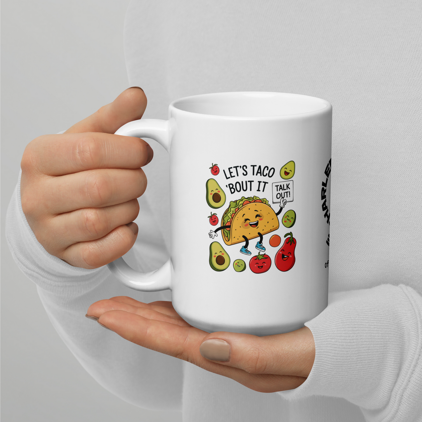 Let’s Taco ’Bout It funny mug stylish ceramic coffee cup with humorous saying, fun coffee gift