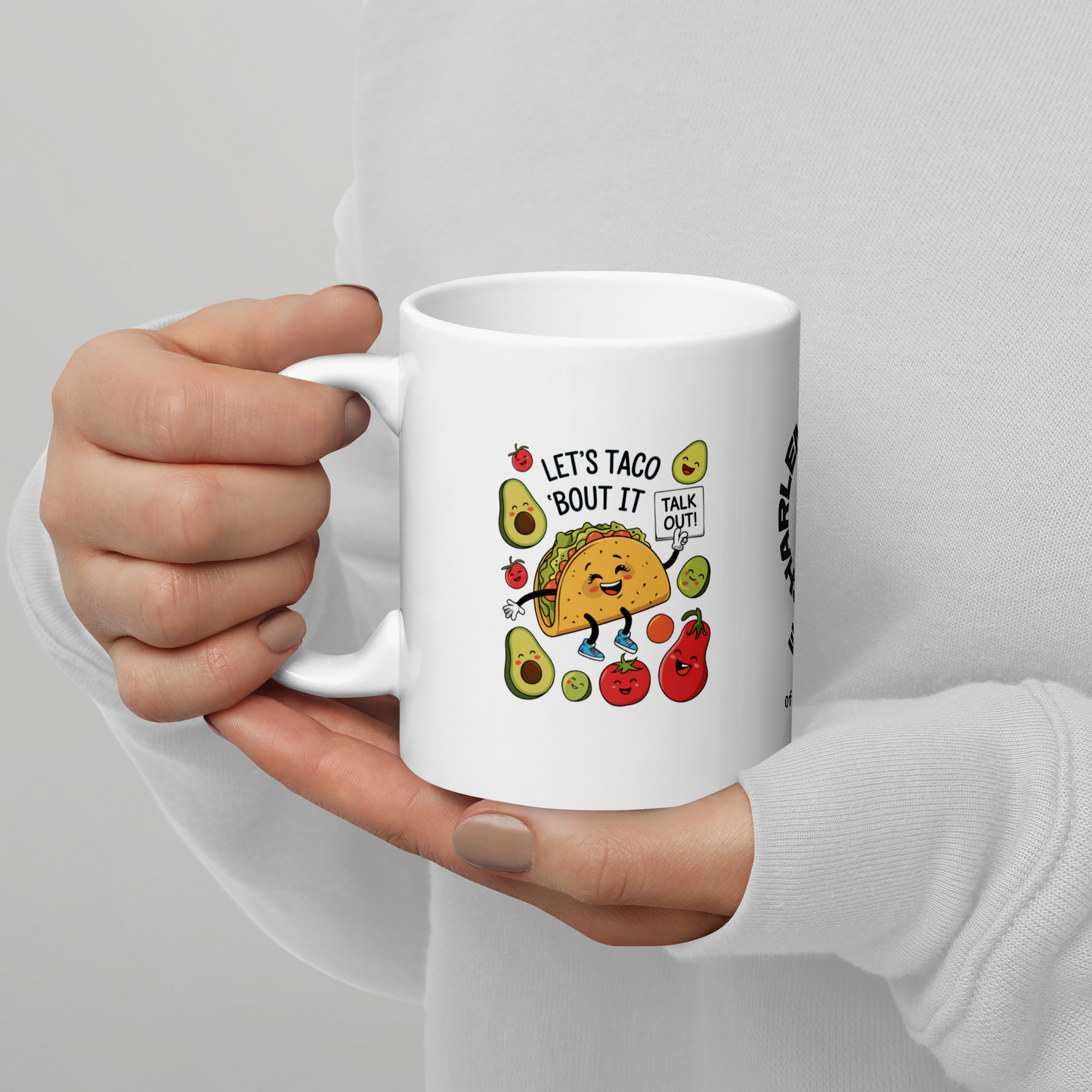 Let’s Taco ’Bout It funny mug stylish ceramic coffee cup with humorous saying, fun coffee gift