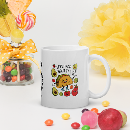Let’s Taco ’Bout It funny mug stylish ceramic coffee cup with humorous saying, fun coffee gift