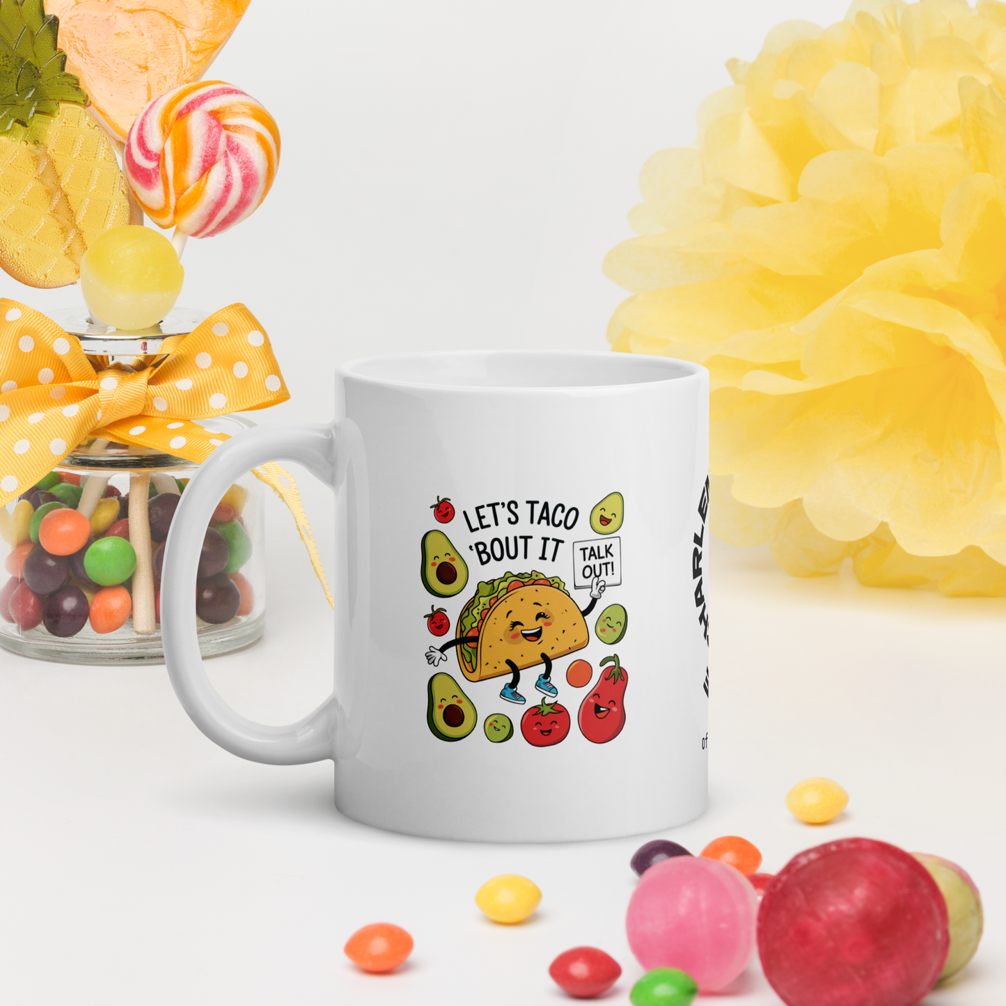 Let’s Taco ’Bout It funny mug stylish ceramic coffee cup with humorous saying, fun coffee gift