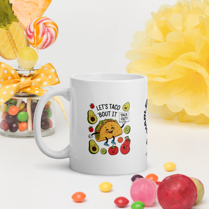 Let’s Taco ’Bout It funny mug stylish ceramic coffee cup with humorous saying, fun coffee gift