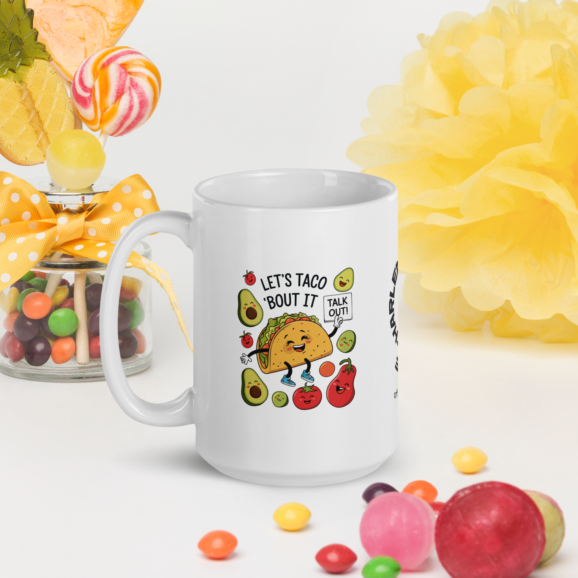 Let’s Taco ’Bout It funny mug stylish ceramic coffee cup with humorous saying, fun coffee gift