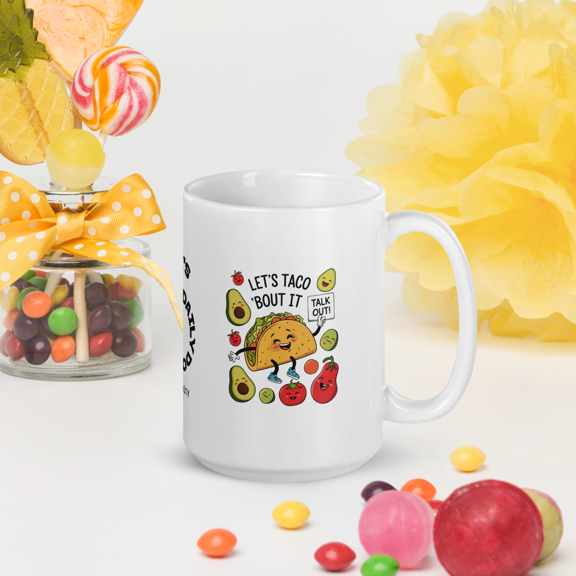Let’s Taco ’Bout It funny mug stylish ceramic coffee cup with humorous saying, fun coffee gift