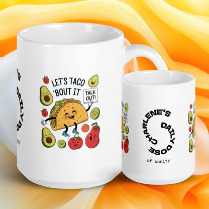 Let’s Taco ’Bout It funny mug stylish ceramic coffee cup with humorous saying, fun coffee gift