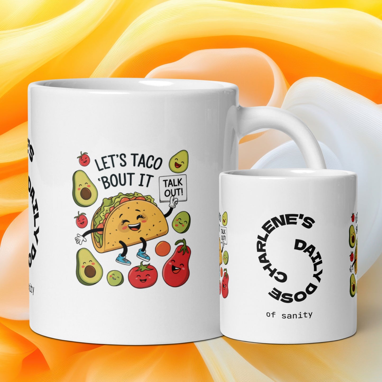 Let’s Taco ’Bout It funny mug stylish ceramic coffee cup with humorous saying, fun coffee gift