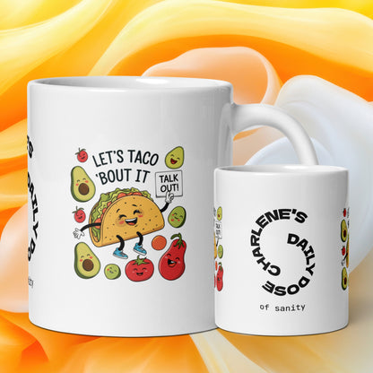 Let’s Taco ’Bout It funny mug stylish ceramic coffee cup with humorous saying, fun coffee gift