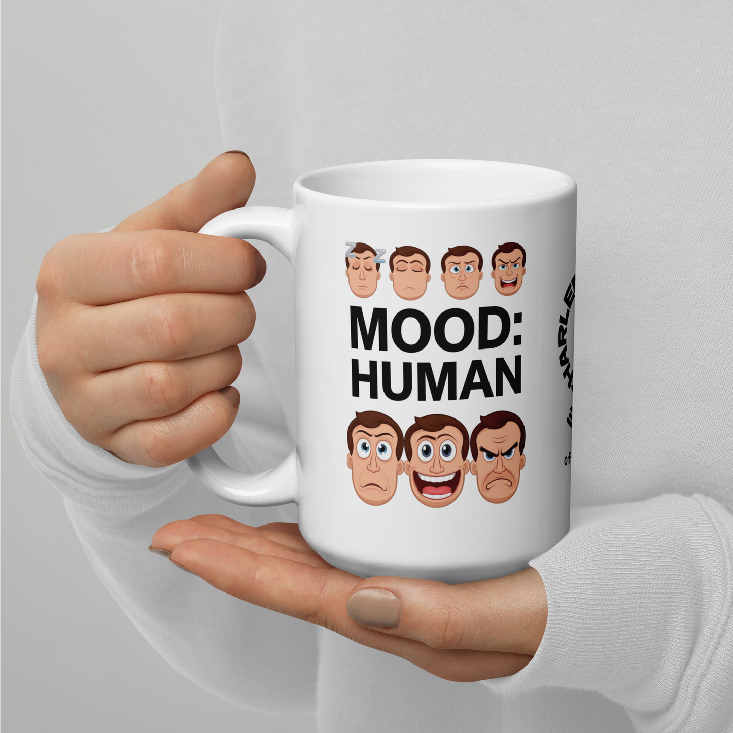 Mood: Human funny mug custom ceramic coffee cup, playful saying, morning humor gift for coffee lovers