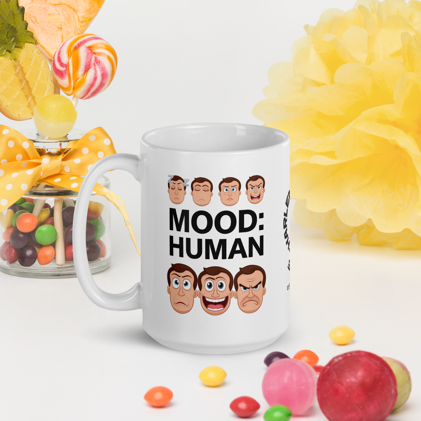 Mood: Human funny mug custom ceramic coffee cup, playful saying, morning humor gift for coffee lovers