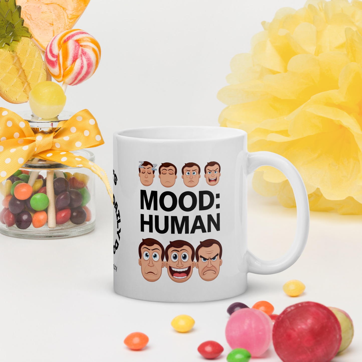 Mood: Human funny mug custom ceramic coffee cup, playful saying, morning humor gift for coffee lovers