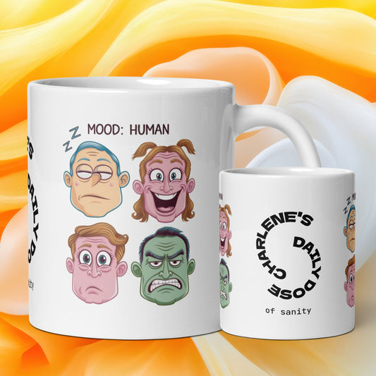 Mood: Human funny mug personalized ceramic coffee cup with fun daily humor saying, coffee gift