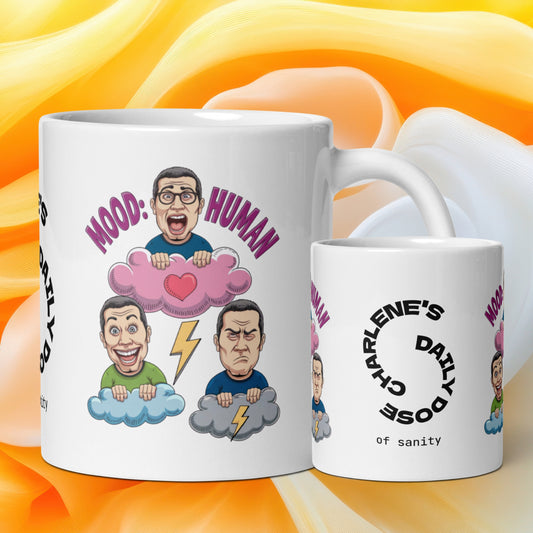 Mood: Human funny mug stylish ceramic coffee cup, playful saying, morning coffee gift for friends