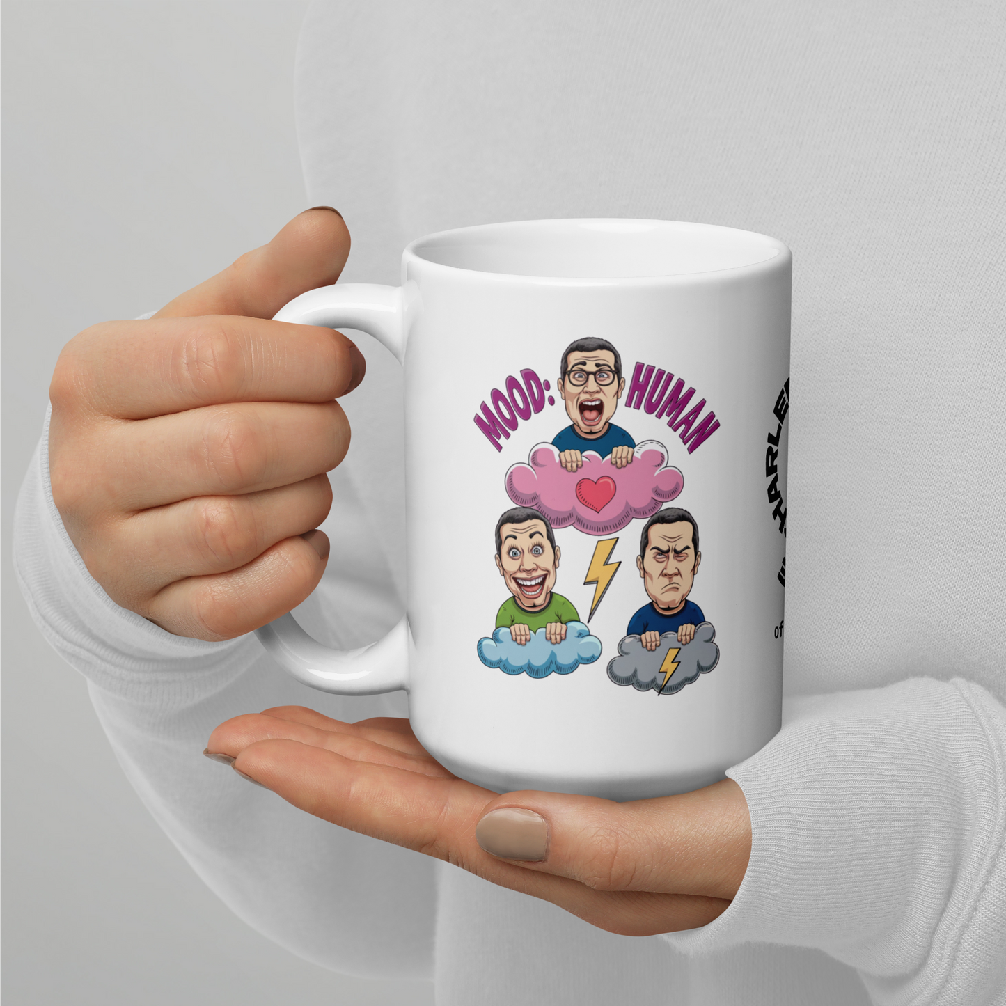 Mood: Human funny mug stylish ceramic coffee cup, playful saying, morning coffee gift for friends