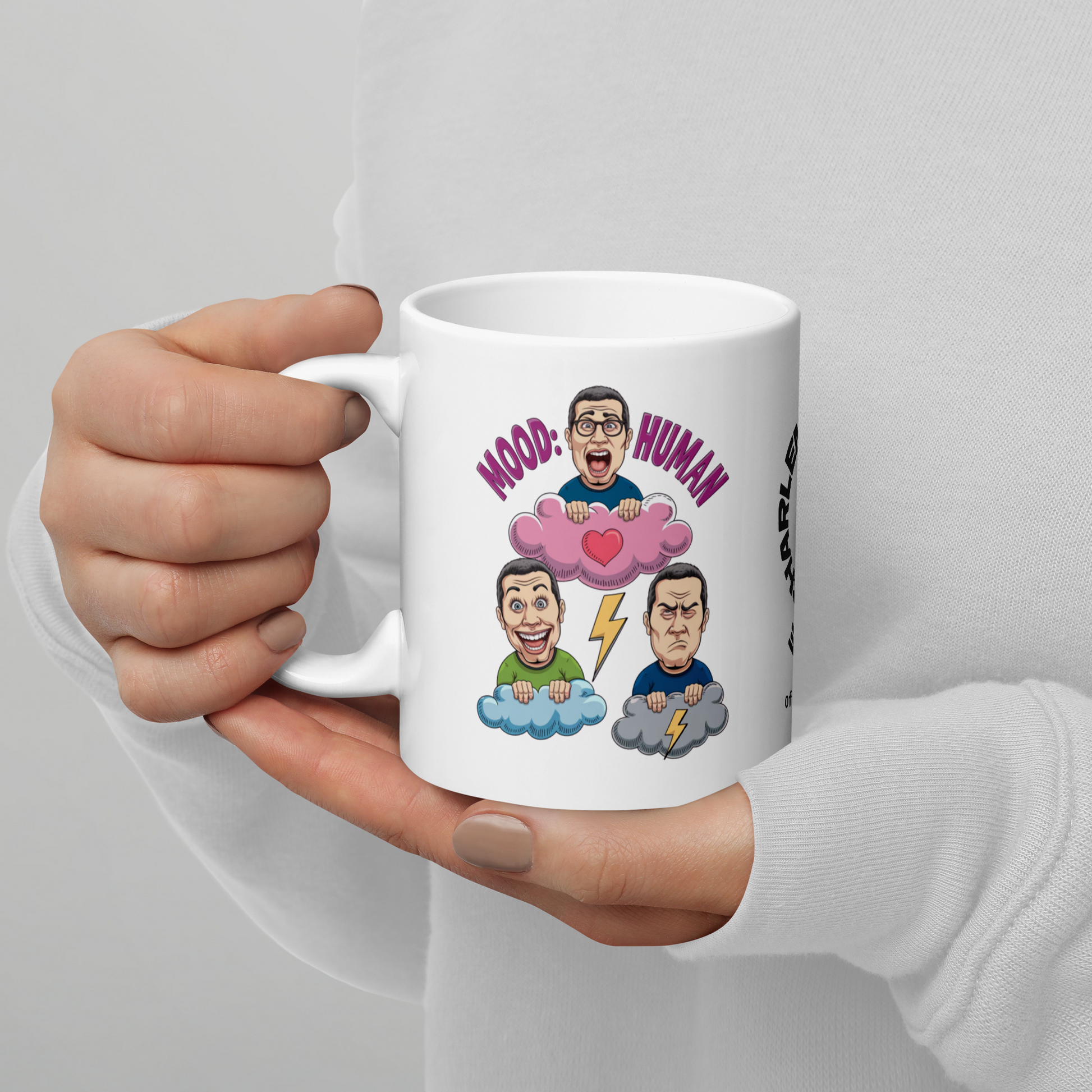 Mood: Human funny mug stylish ceramic coffee cup, playful saying, morning coffee gift for friends