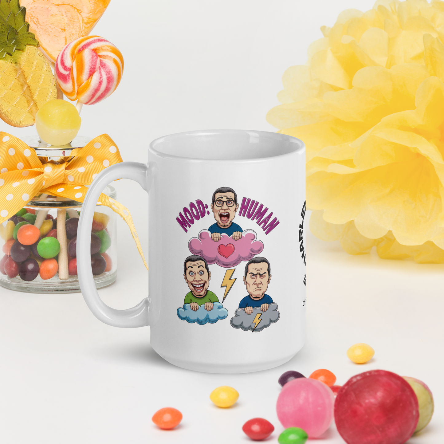 Mood: Human funny mug stylish ceramic coffee cup, playful saying, morning coffee gift for friends