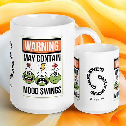 Warning May Contain Mood Swings funny mug personalized ceramic coffee cup with playful daily humor saying
