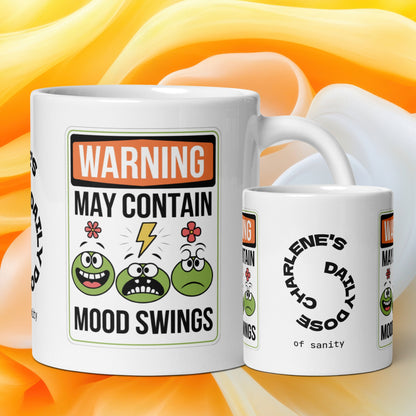 Warning May Contain Mood Swings funny mug personalized ceramic coffee cup with playful daily humor saying