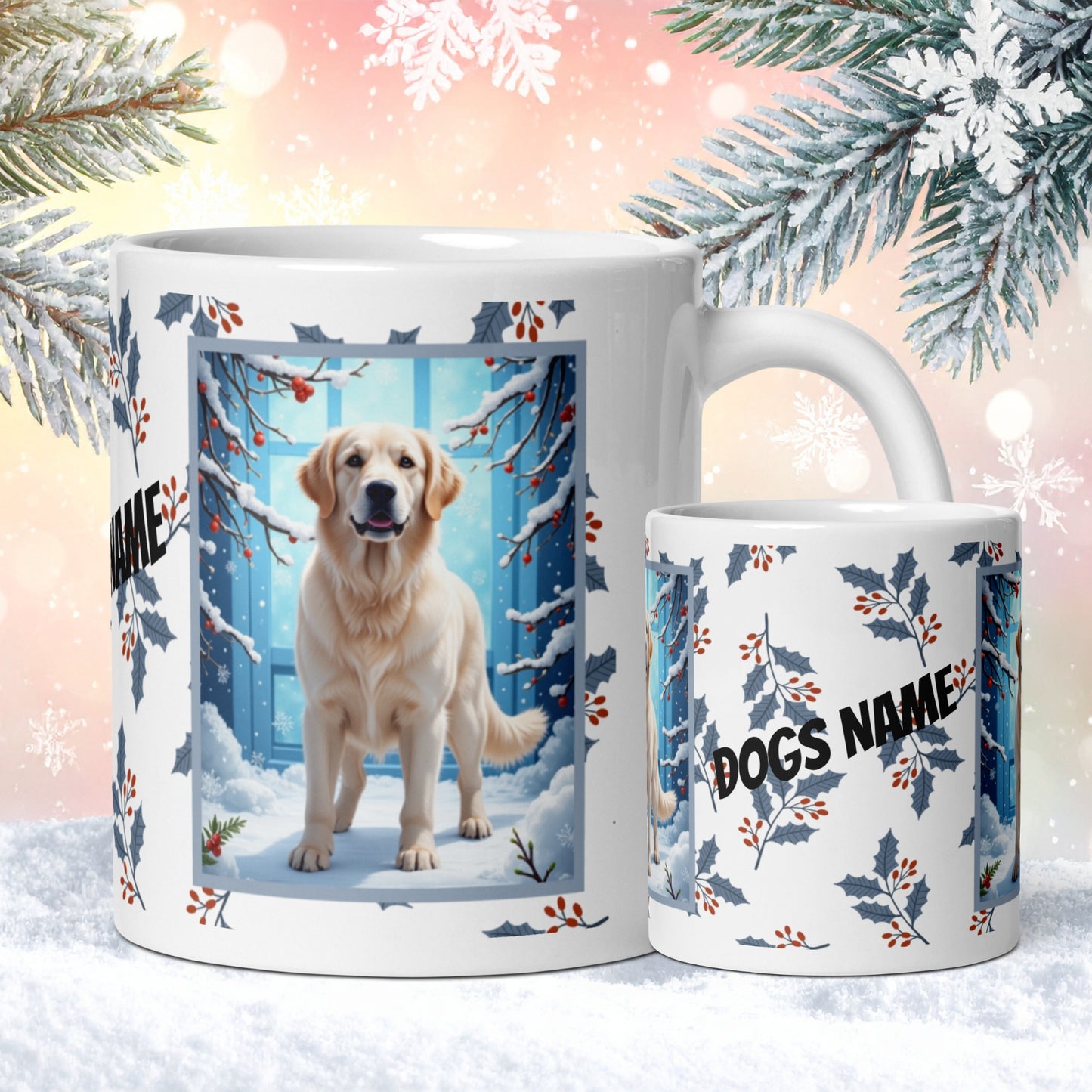 Golden Retriever (White) Winter Mug - white Golden Retriever artwork standing in a peaceful winter scene with snow