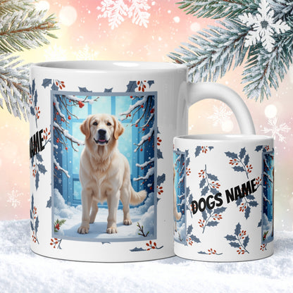 Golden Retriever (White) Winter Mug - white Golden Retriever artwork standing in a peaceful winter scene with snow