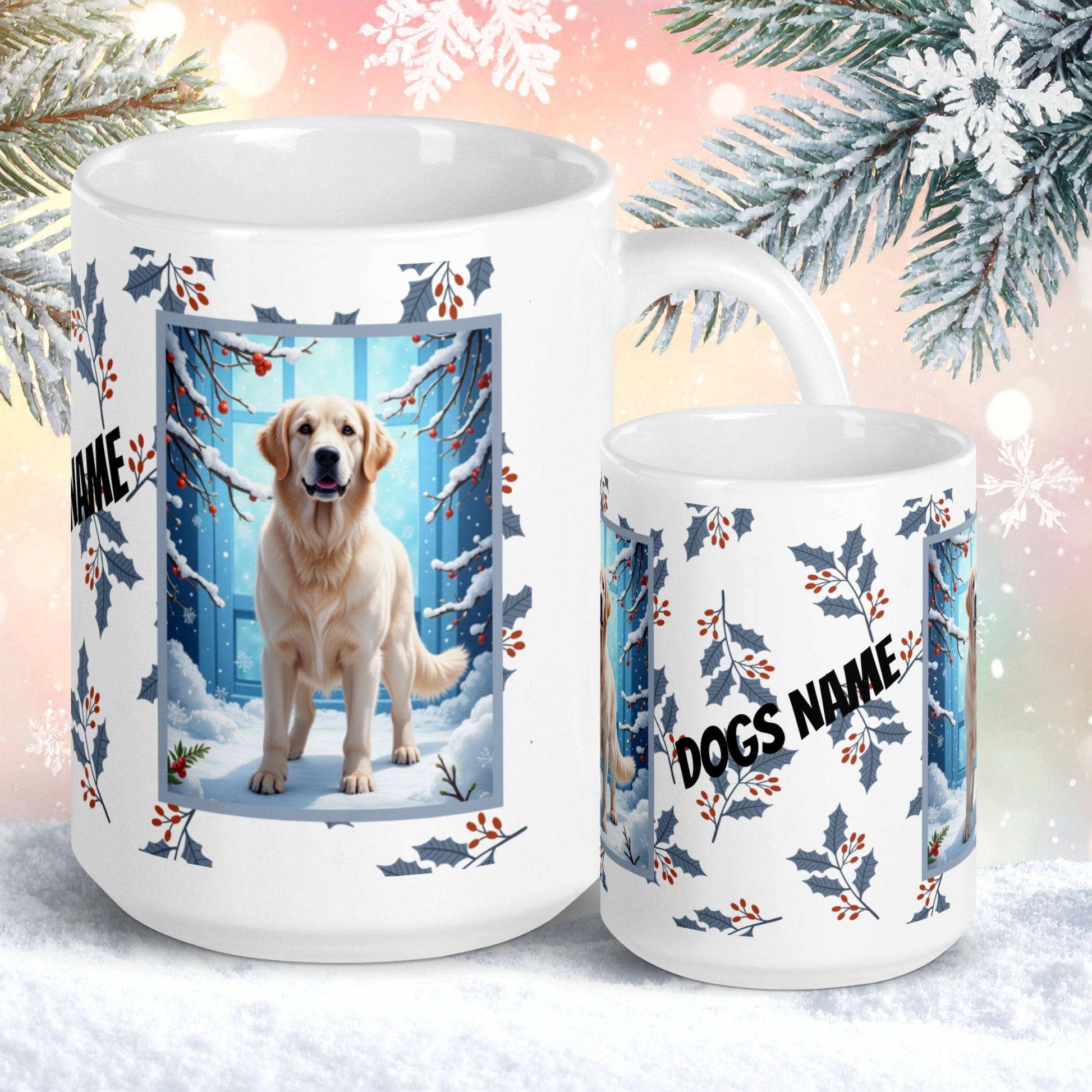 Golden Retriever (White) Winter Mug - white Golden Retriever artwork standing in a peaceful winter scene with snow