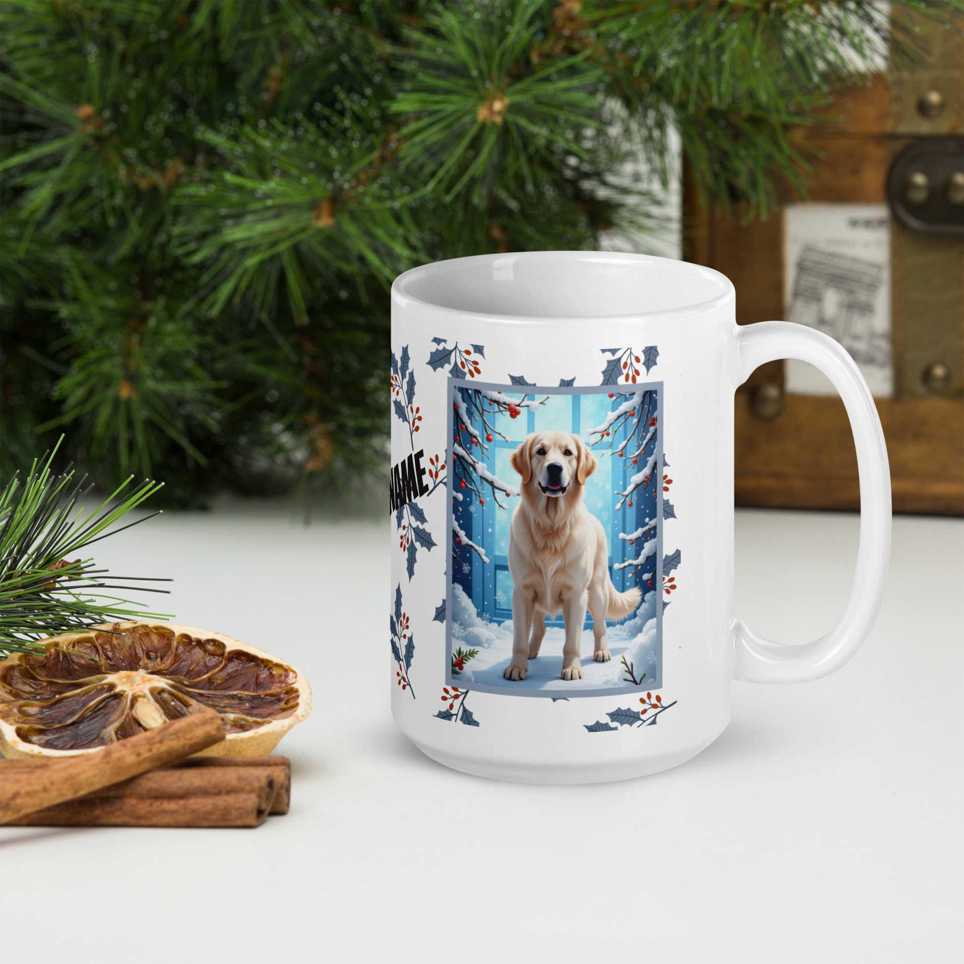 Golden Retriever (White) Winter Mug - white Golden Retriever artwork standing in a peaceful winter scene with snow