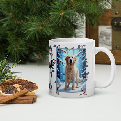 Golden Retriever (White) Winter Mug - white Golden Retriever artwork standing in a peaceful winter scene with snow
