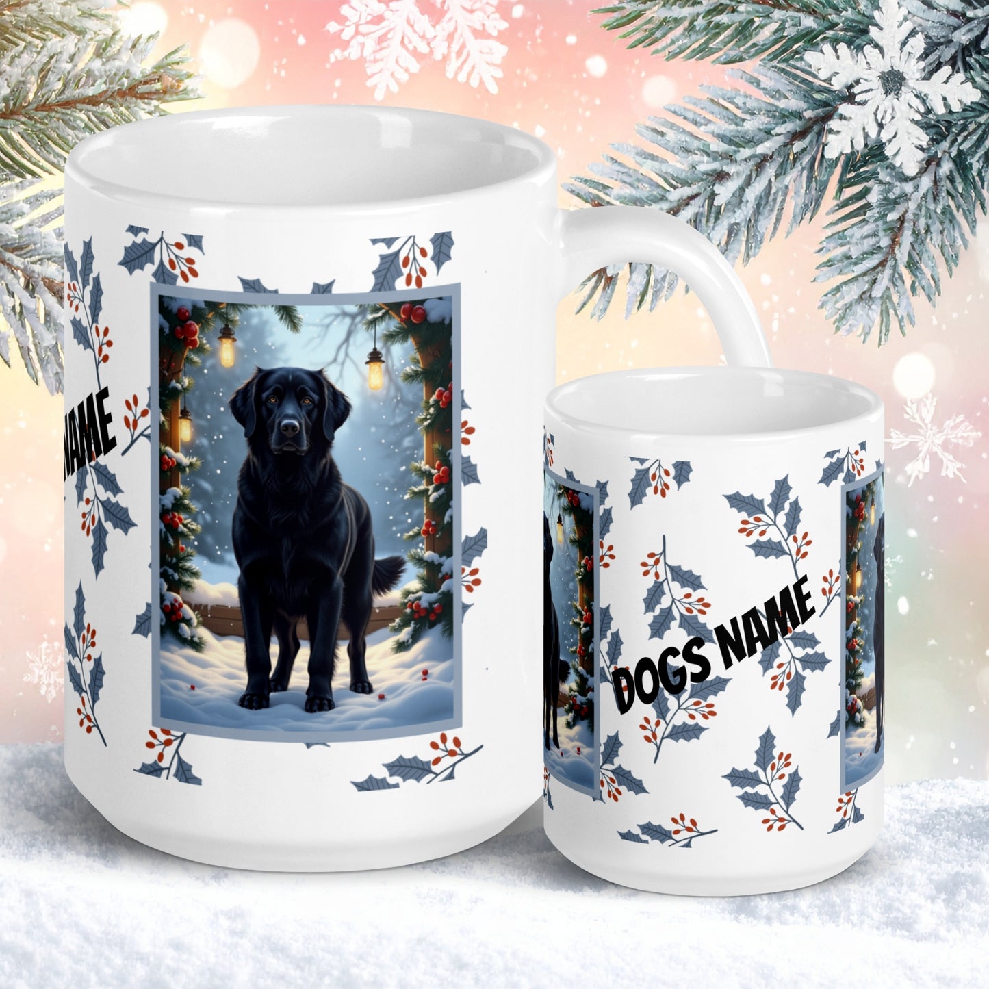Golden Retriever (Black) Winter Mug - black Golden Retriever illustrated standing in a winter setting with snowy pine branches