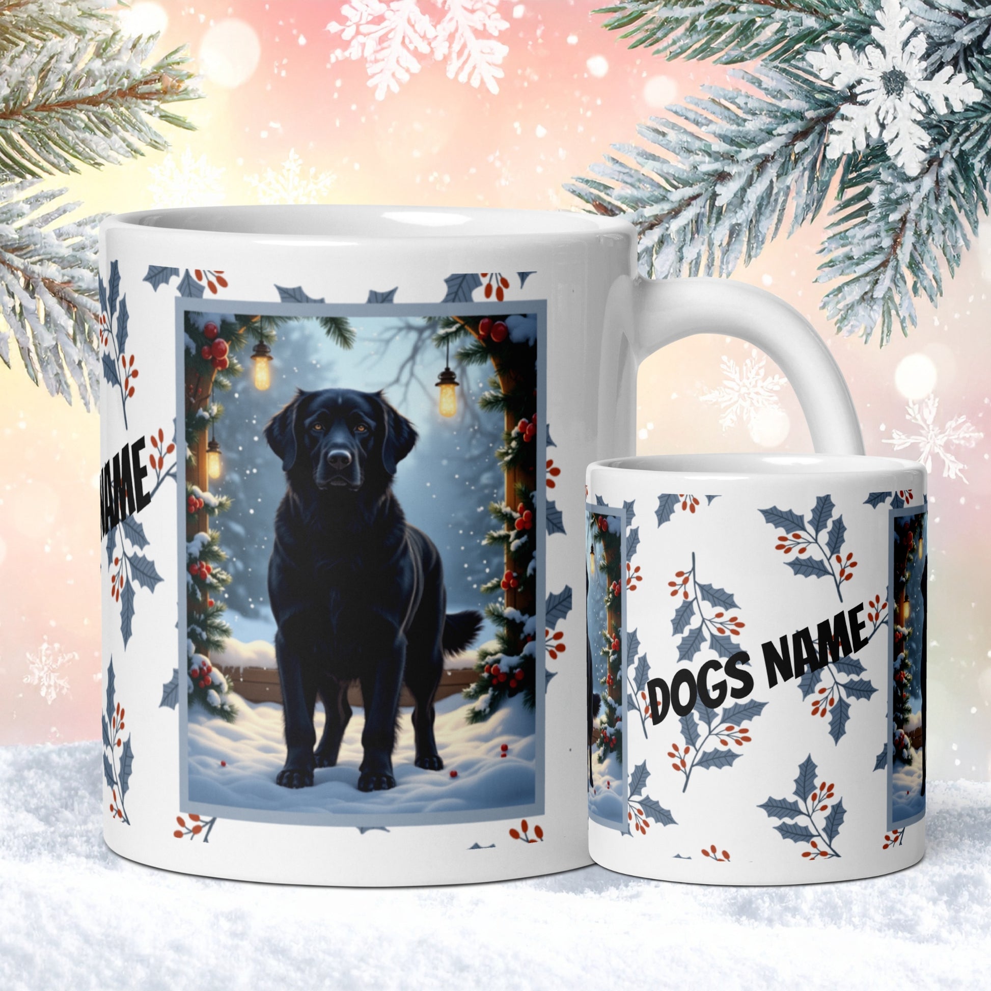 Golden Retriever (Black) Winter Mug - black Golden Retriever illustrated standing in a winter setting with snowy pine branches