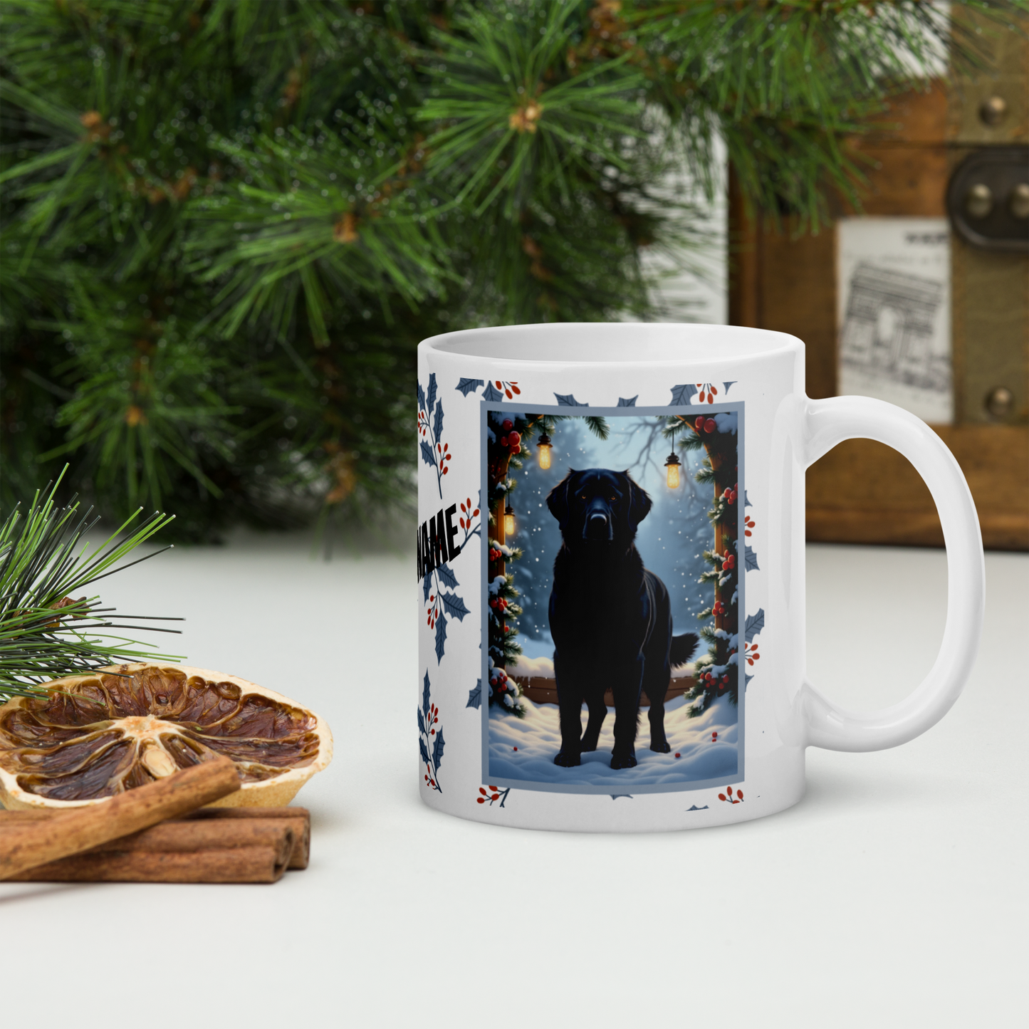 Golden Retriever (Black) Winter Mug - black Golden Retriever illustrated standing in a winter setting with snowy pine branches