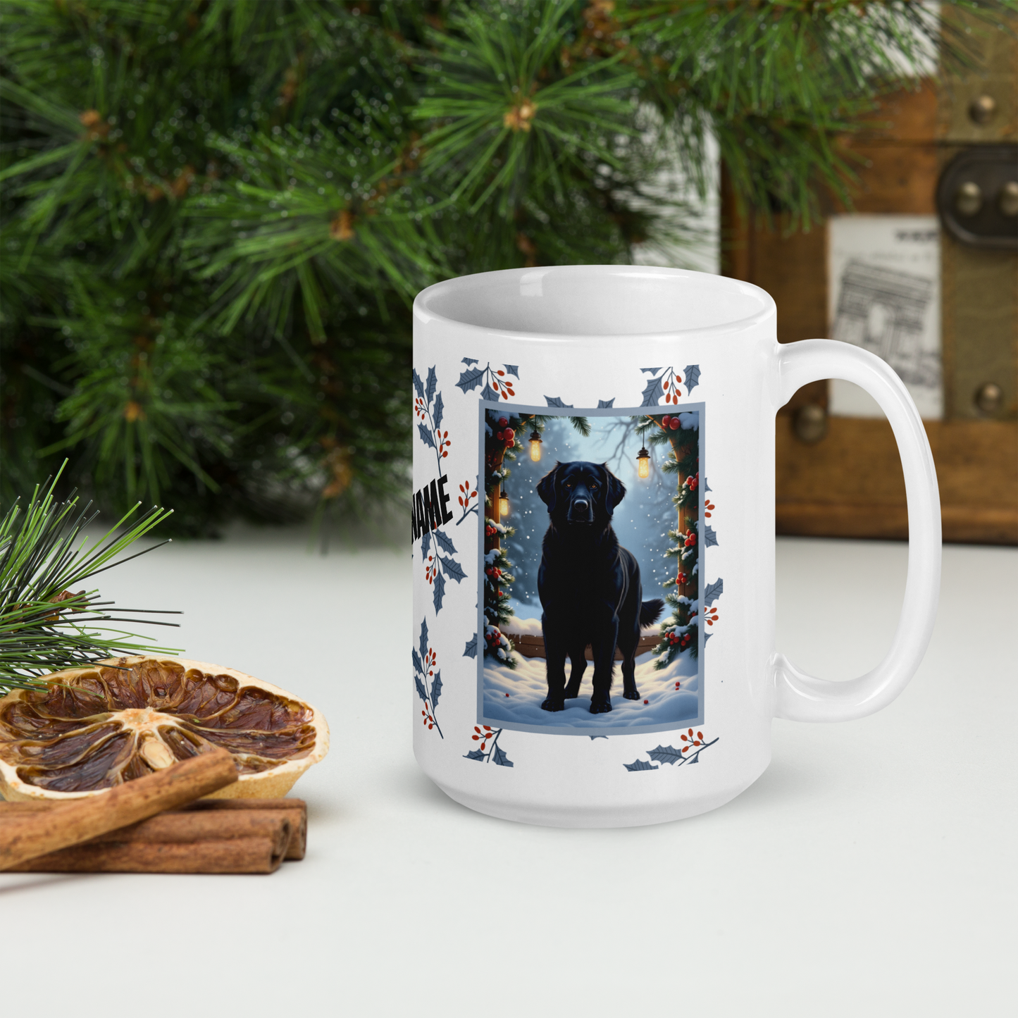 Golden Retriever (Black) Winter Mug - black Golden Retriever illustrated standing in a winter setting with snowy pine branches