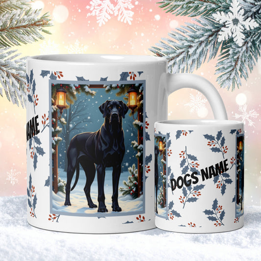Great Dane (Black) Winter Mug - black Great Dane illustrated standing tall in a winter setting with snowy background