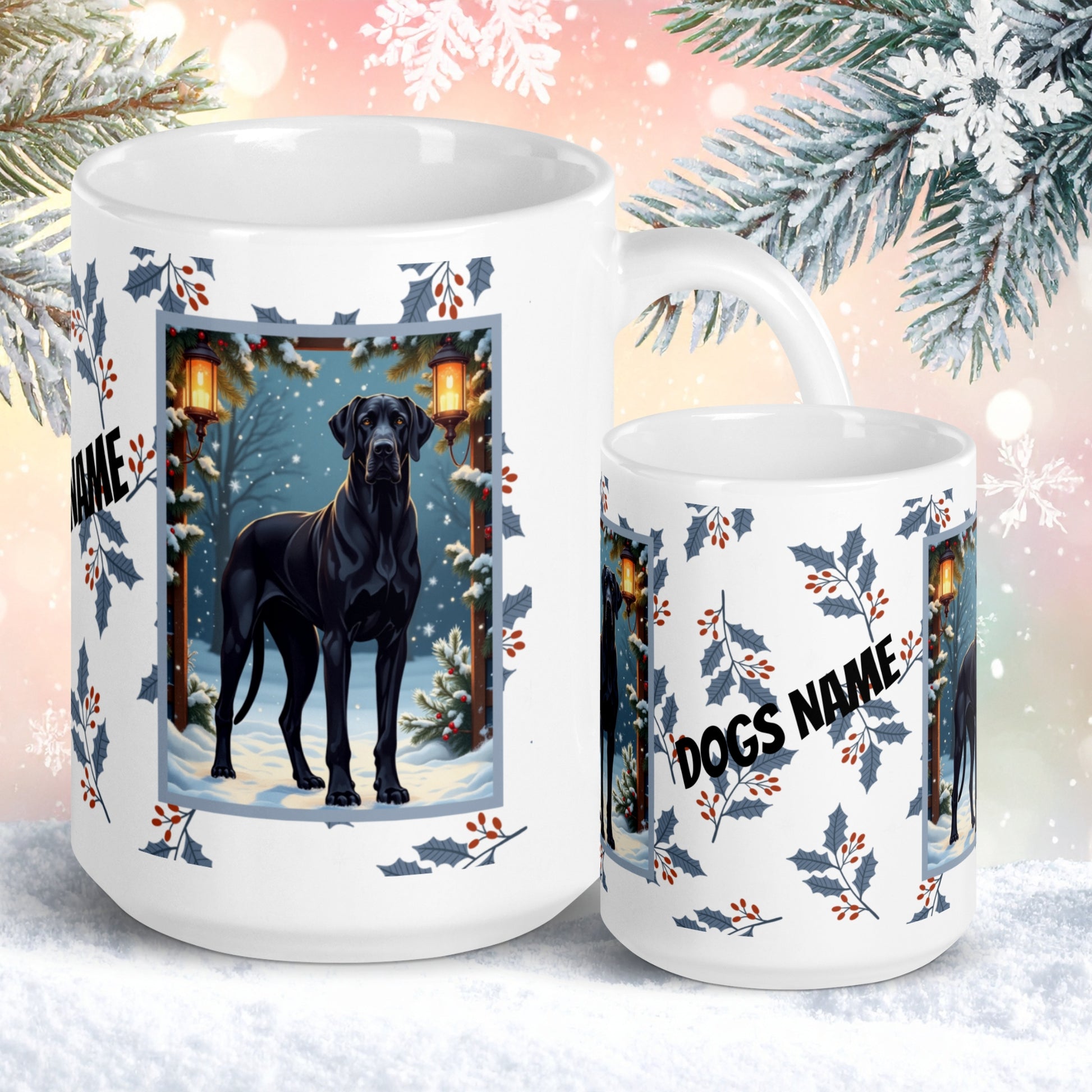 Great Dane (Black) Winter Mug - black Great Dane illustrated standing tall in a winter setting with snowy background