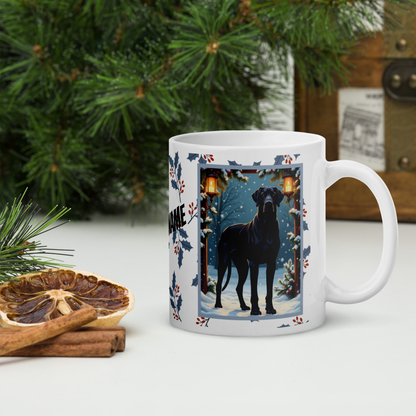 Great Dane (Black) Winter Mug - black Great Dane illustrated standing tall in a winter setting with snowy background