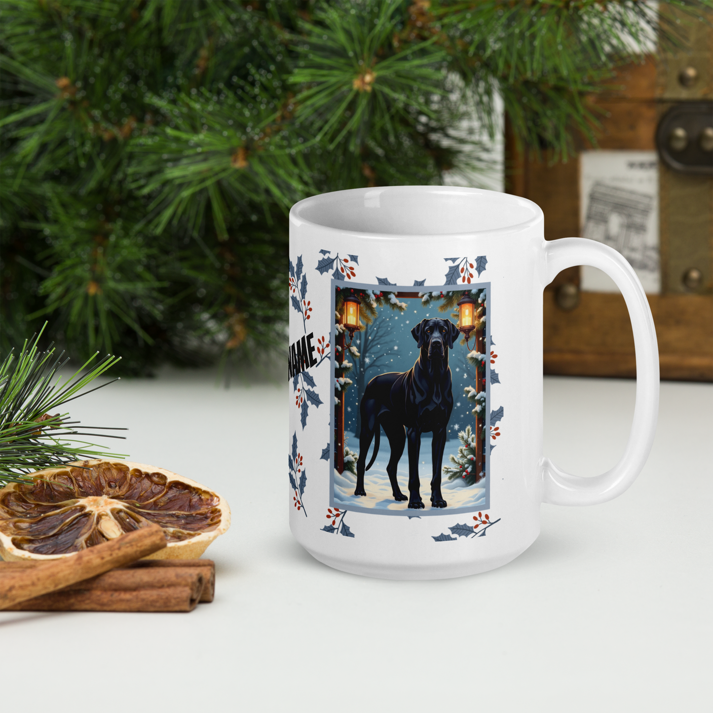 Great Dane (Black) Winter Mug - black Great Dane illustrated standing tall in a winter setting with snowy background