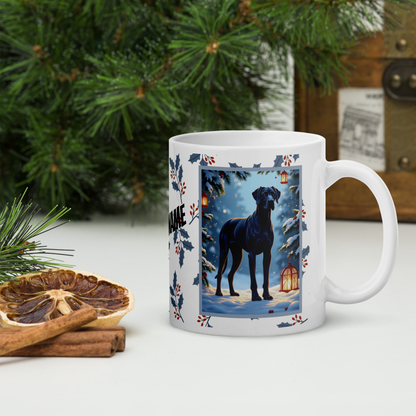 Great Dane (Blue) Winter Mug - blue Great Dane artwork standing calmly in a cozy winter scene with pine accents