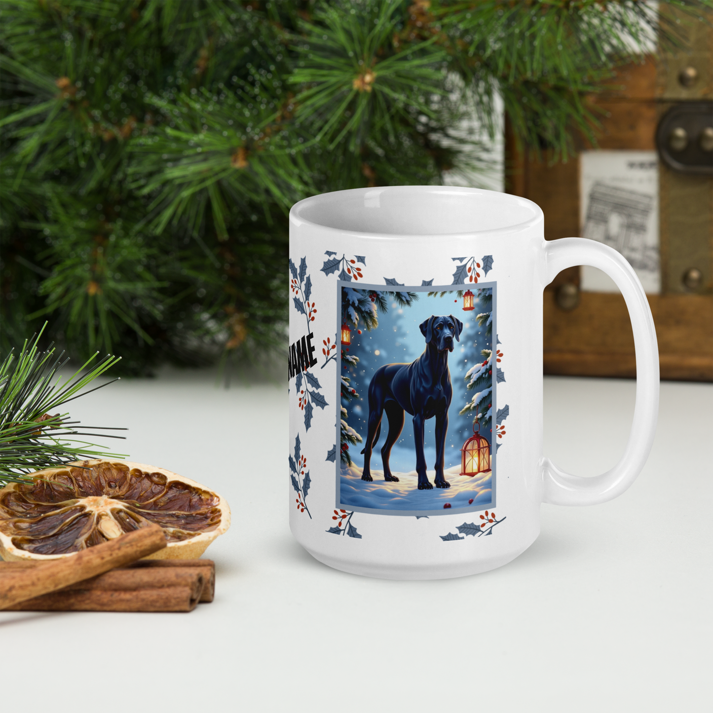 Great Dane (Blue) Winter Mug - blue Great Dane artwork standing calmly in a cozy winter scene with pine accents