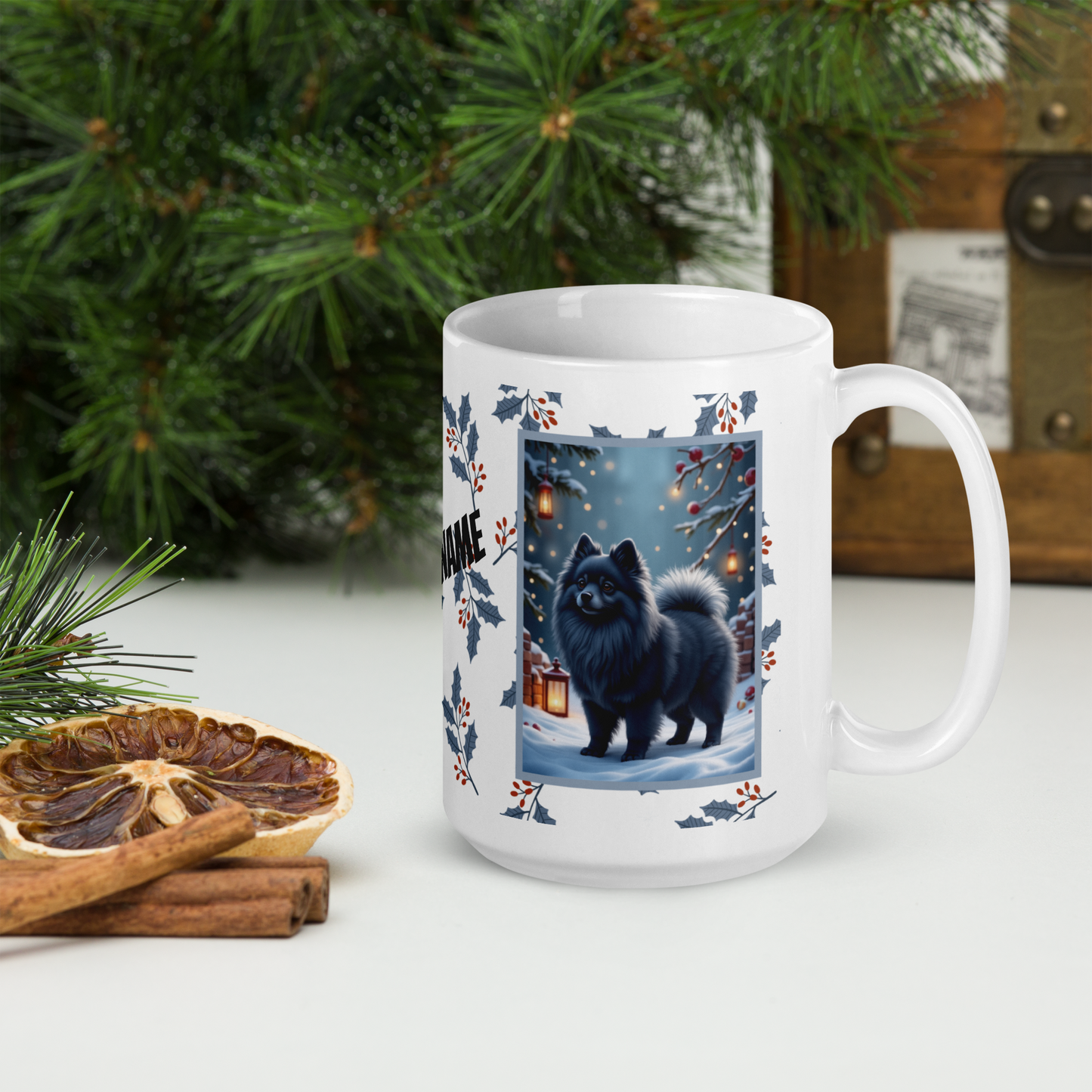 Pomeranian (Blue) Winter Mug - blue pomeranian illustrated standing in a winter scene with soft snow
