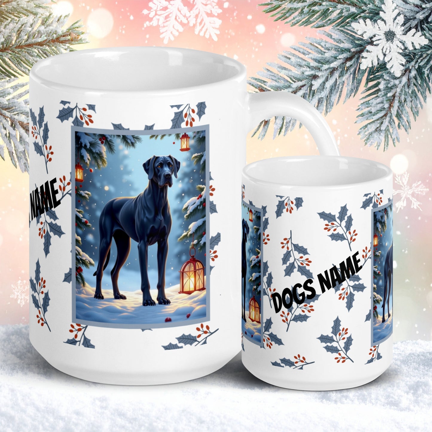 Great Dane (Blue) Winter Mug - blue Great Dane artwork standing calmly in a cozy winter scene with pine accents