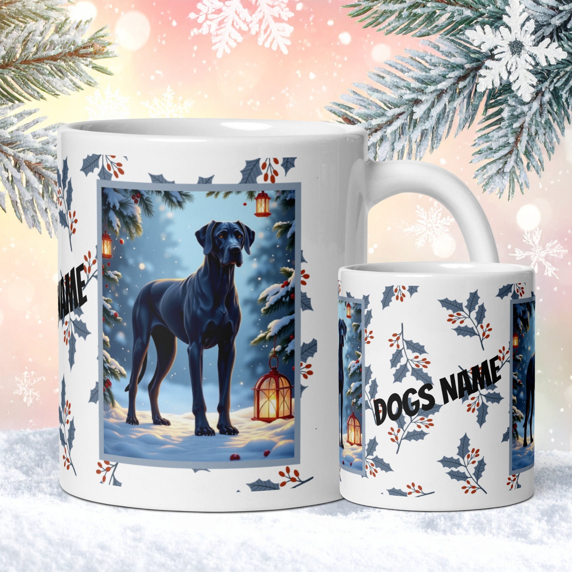 Great Dane (Blue) Winter Mug - blue Great Dane artwork standing calmly in a cozy winter scene with pine accents