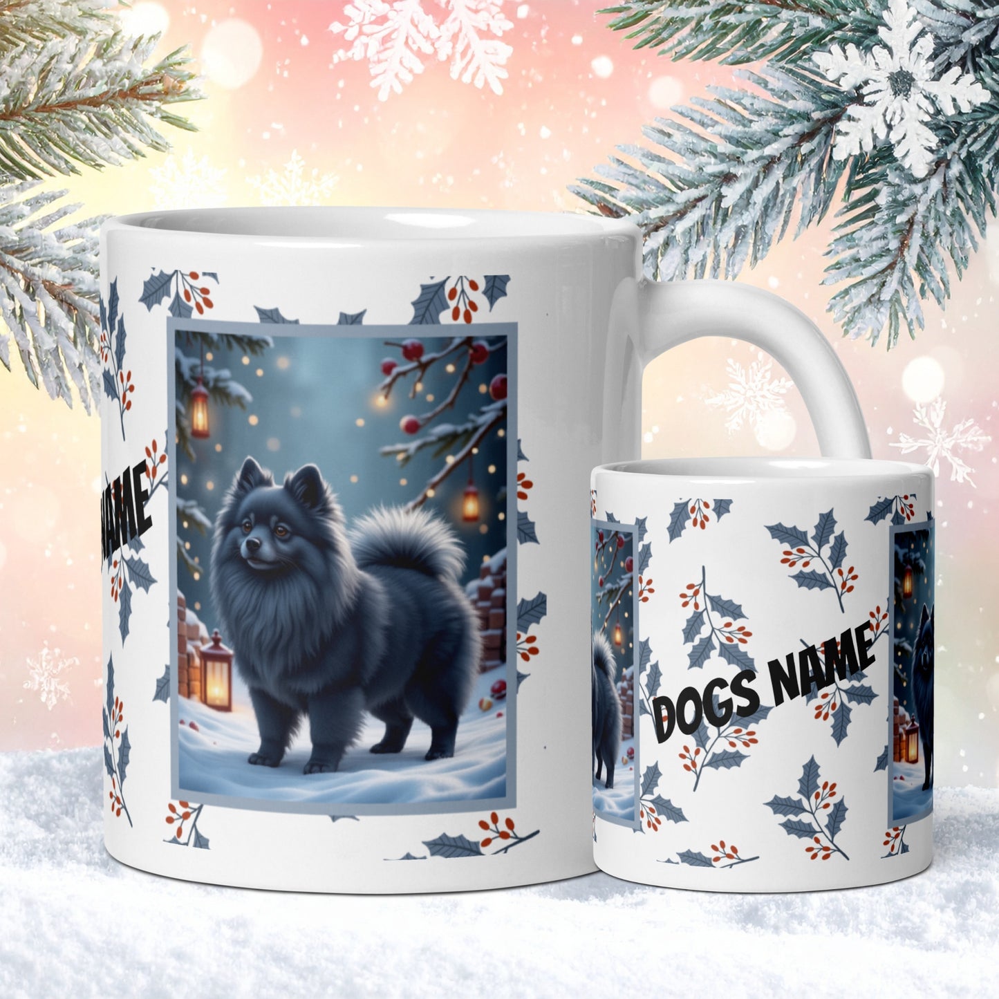 Pomeranian (Blue) Winter Mug - blue pomeranian illustrated standing in a winter scene with soft snow