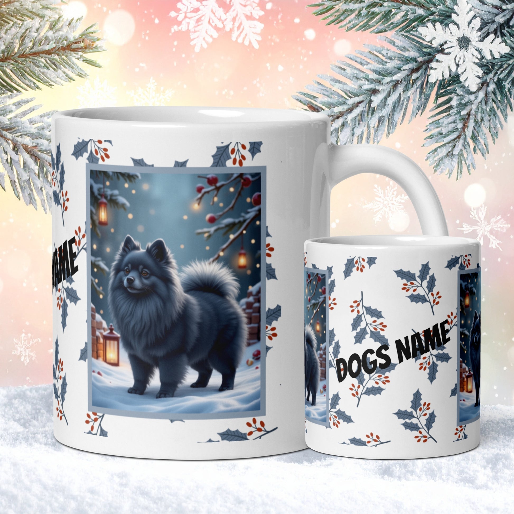 Pomeranian (Blue) Winter Mug - blue pomeranian illustrated standing in a winter scene with soft snow