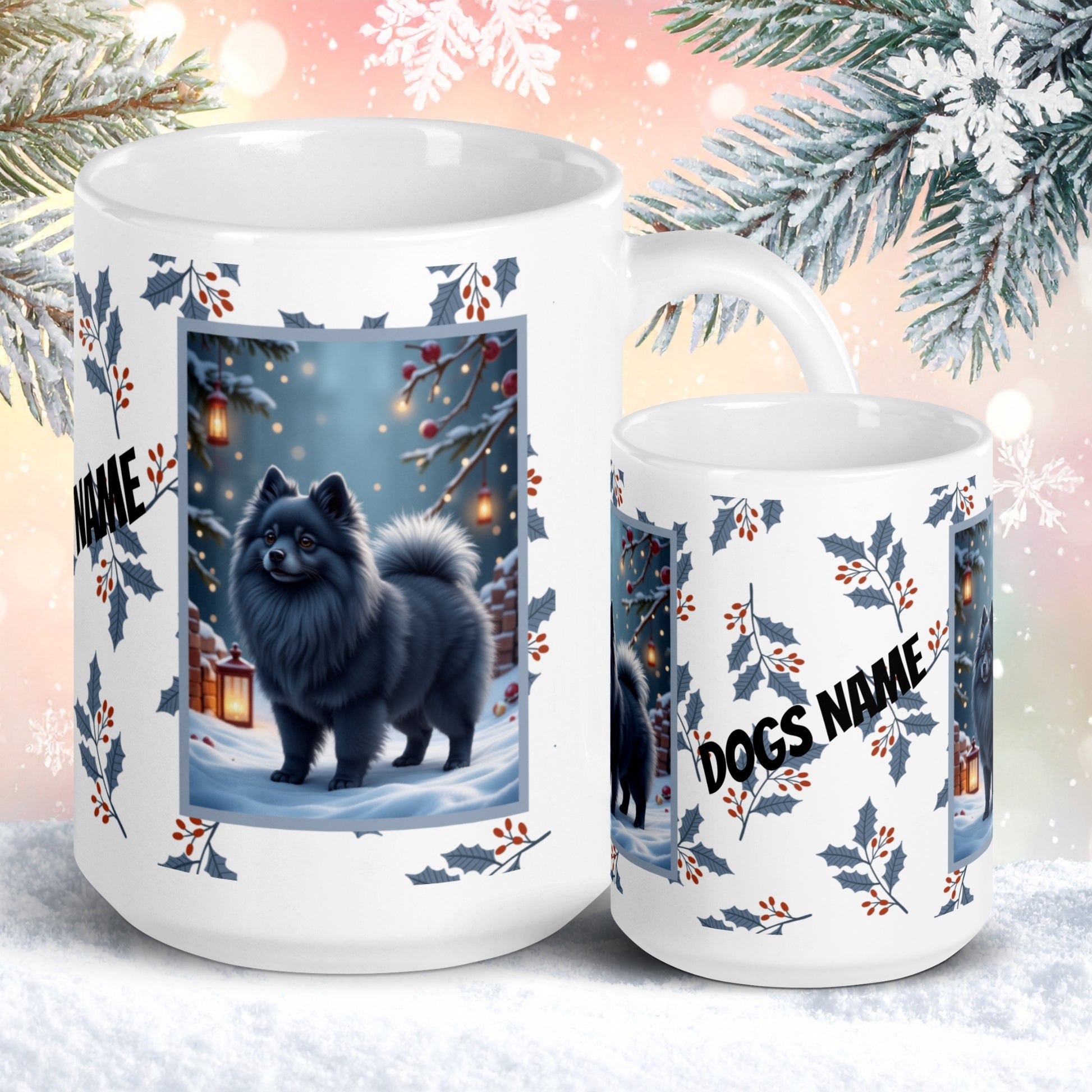 Pomeranian (Blue) Winter Mug - blue pomeranian illustrated standing in a winter scene with soft snow