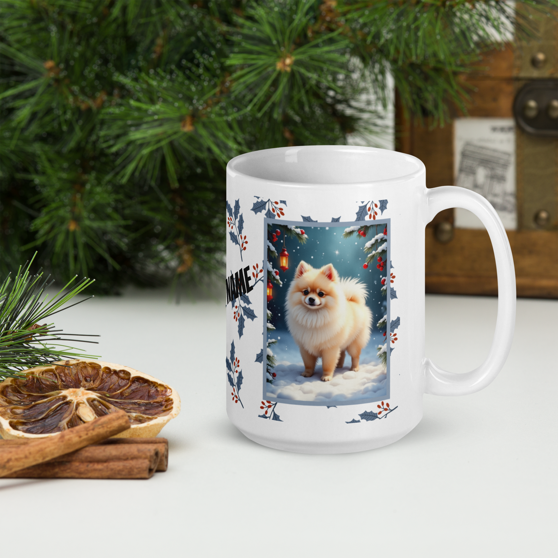 Pomeranian (Cream) Winter Mug - cream pomeranian artwork standing in a bright winter setting with snow
