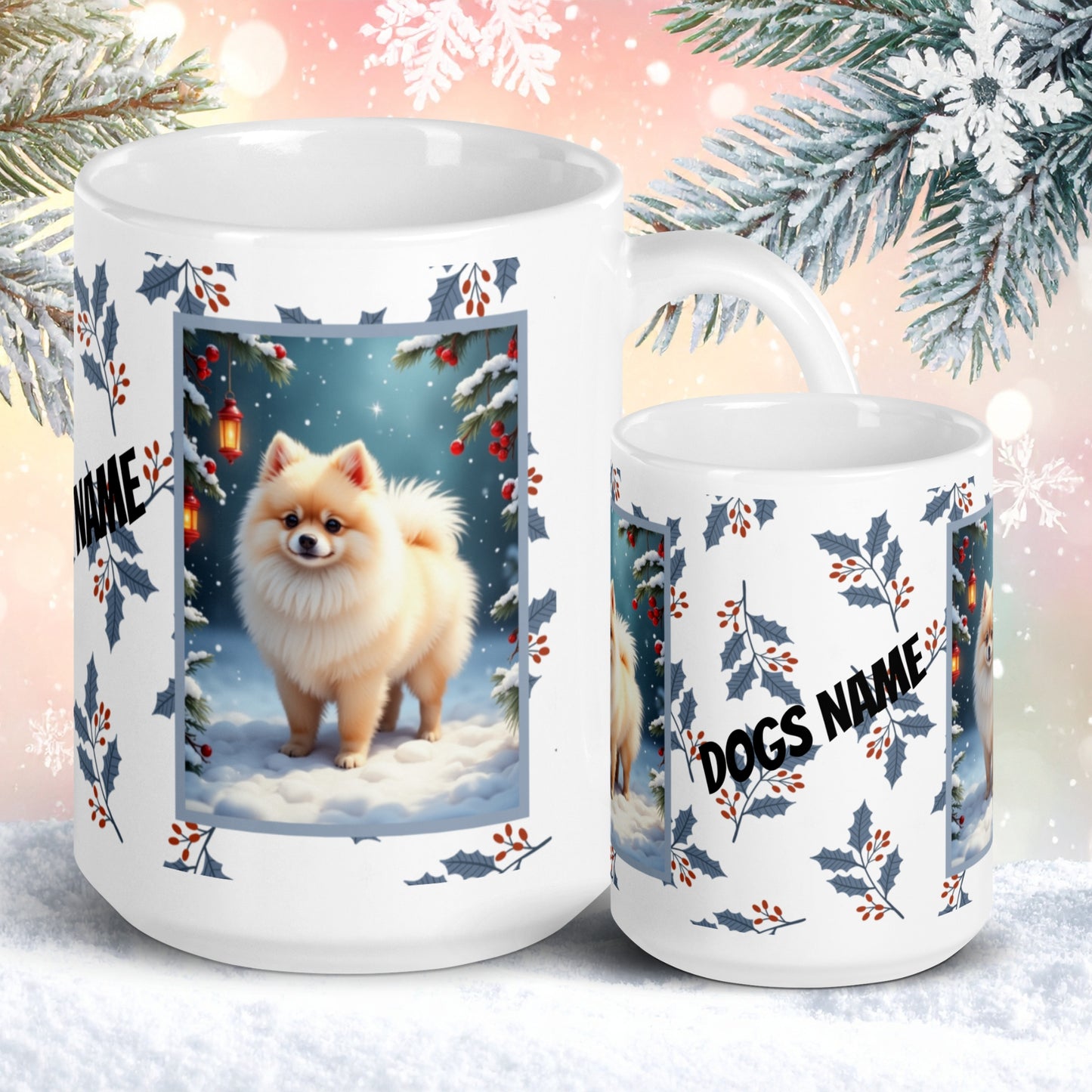 Pomeranian (Cream) Winter Mug - cream pomeranian artwork standing in a bright winter setting with snow